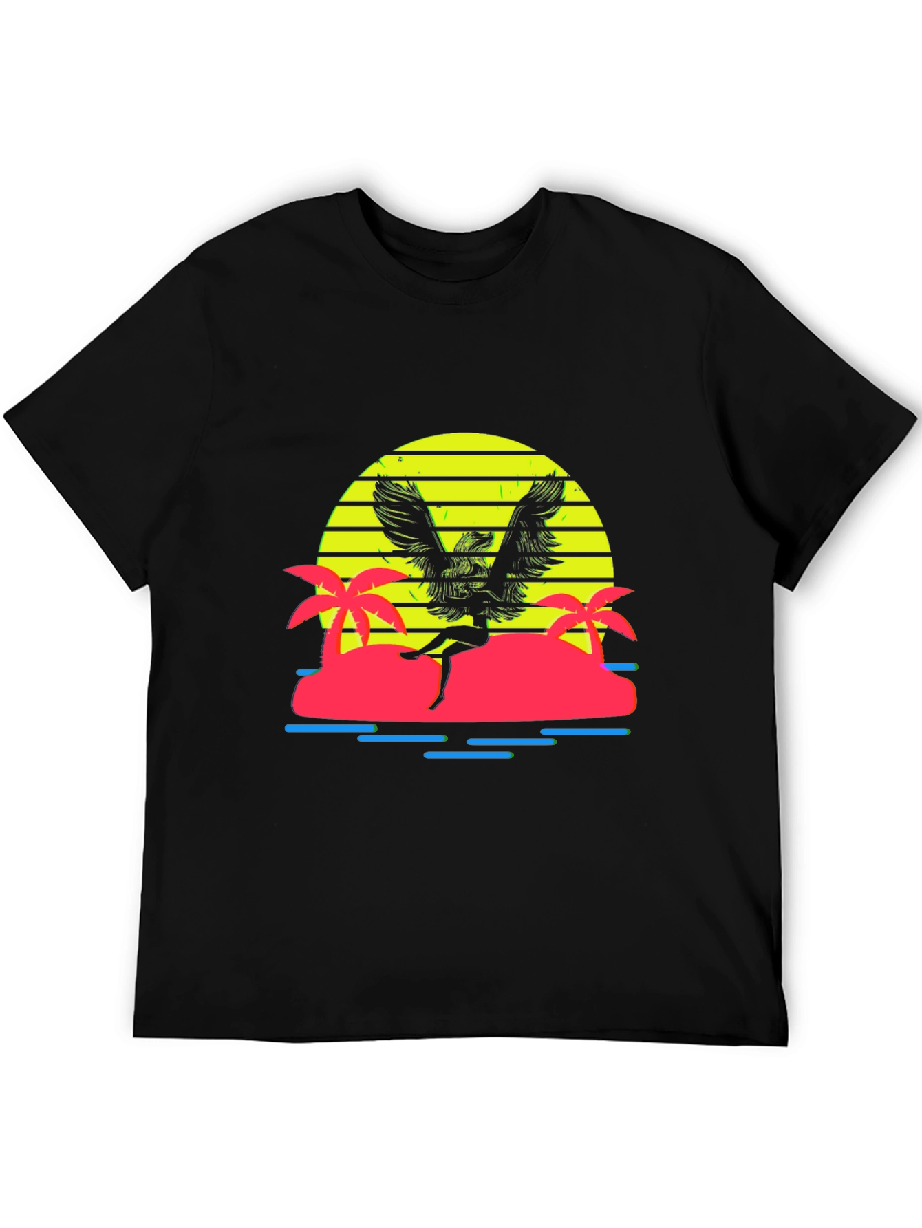 Retro Sunset Winged Woman Black T-Shirt