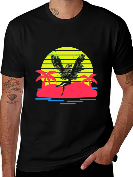 Retro Sunset Winged Woman Black T-Shirt