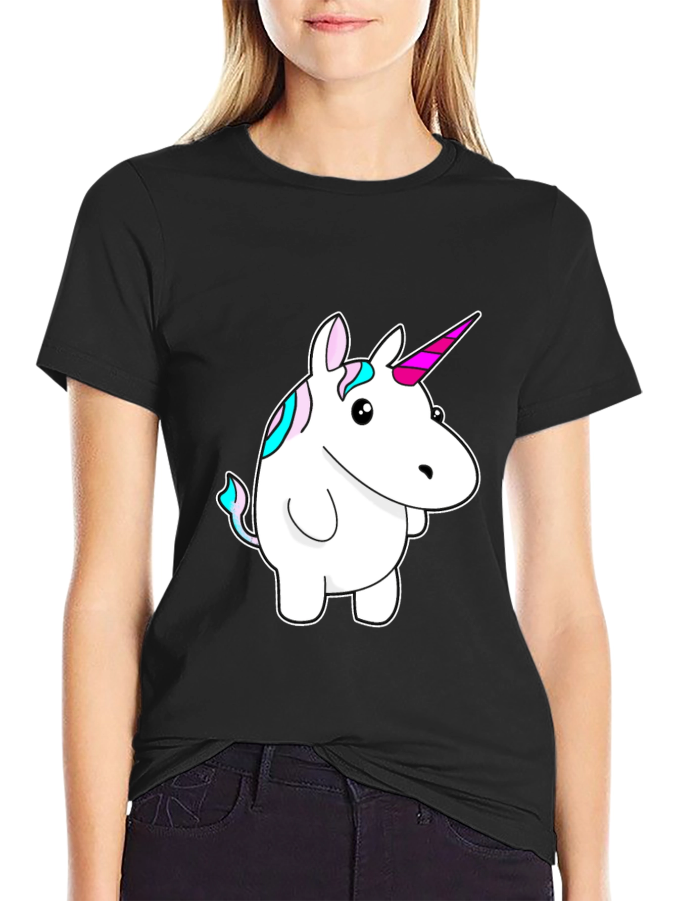 Unicorn Cartoon Graphic Print Black T-Shirt