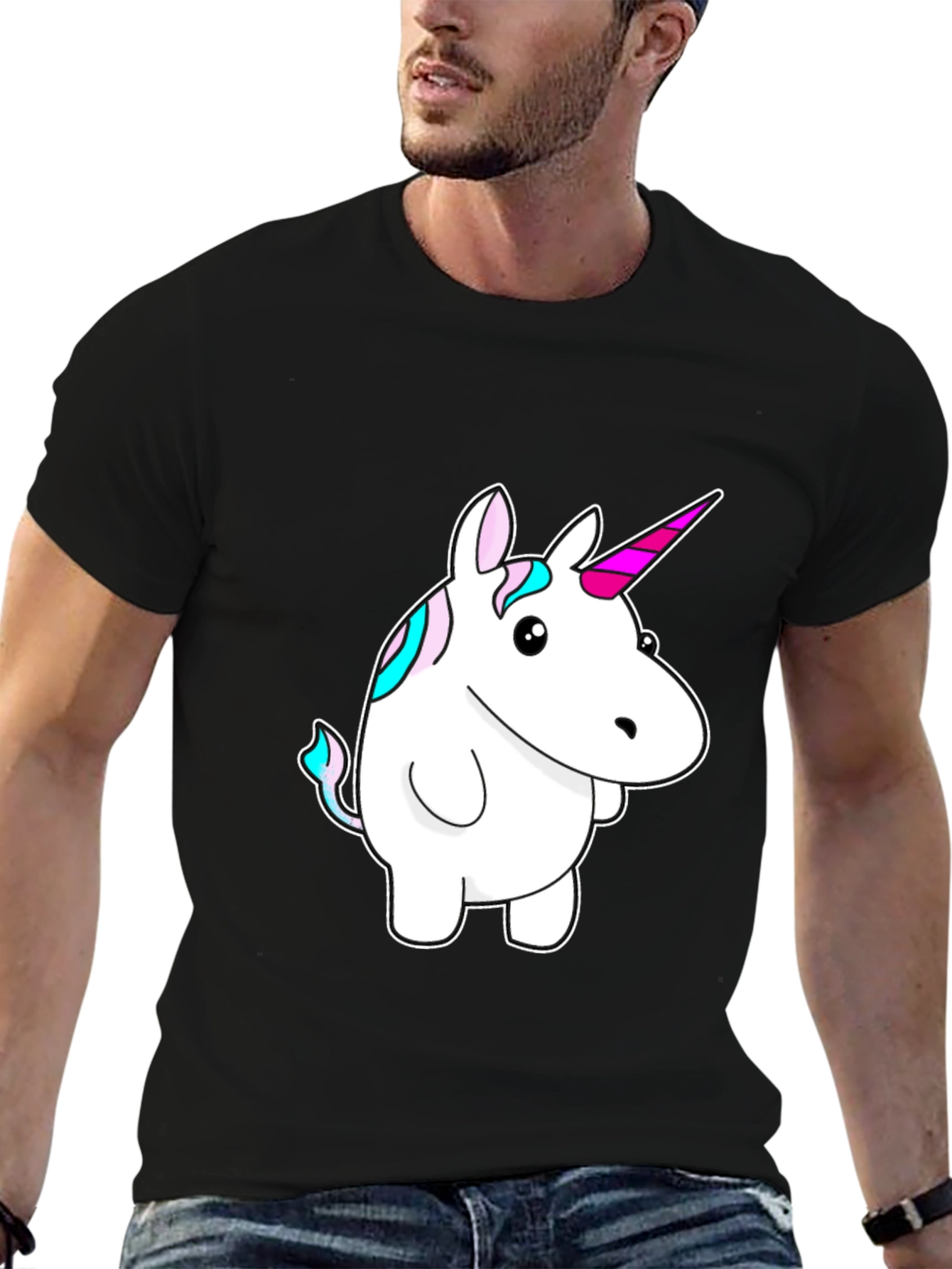 Unicorn Cartoon Graphic Print Black T-Shirt