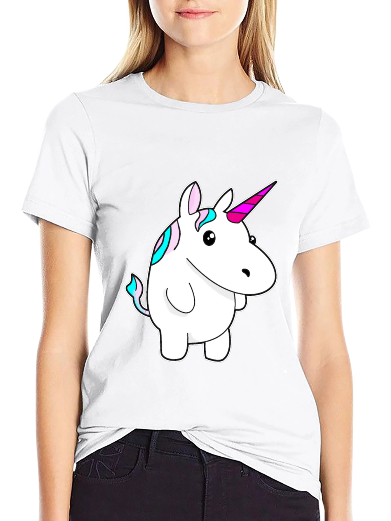 Unicorn Cartoon Graphic Print Black T-Shirt
