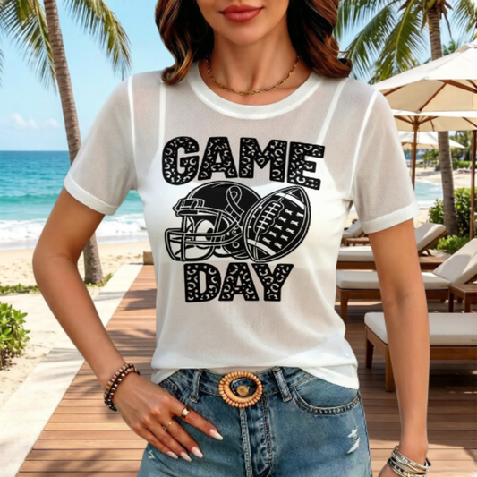 Game Day Leopard Football Helmet Breast Cancer Awareness Graphic Tee | Sports Fan Shirt(z1194)