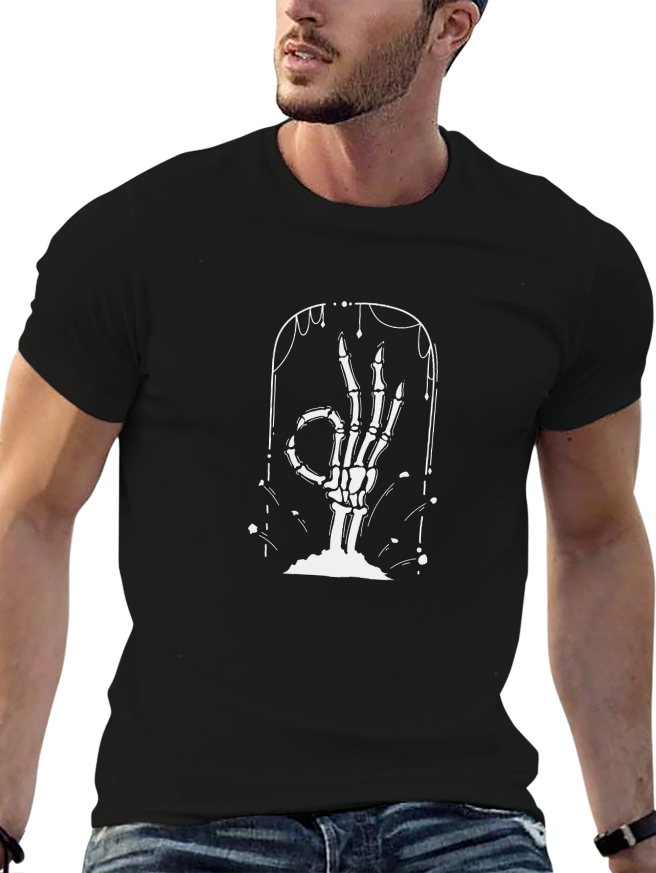 Skeleton Hand OK Sign Black T-Shirt