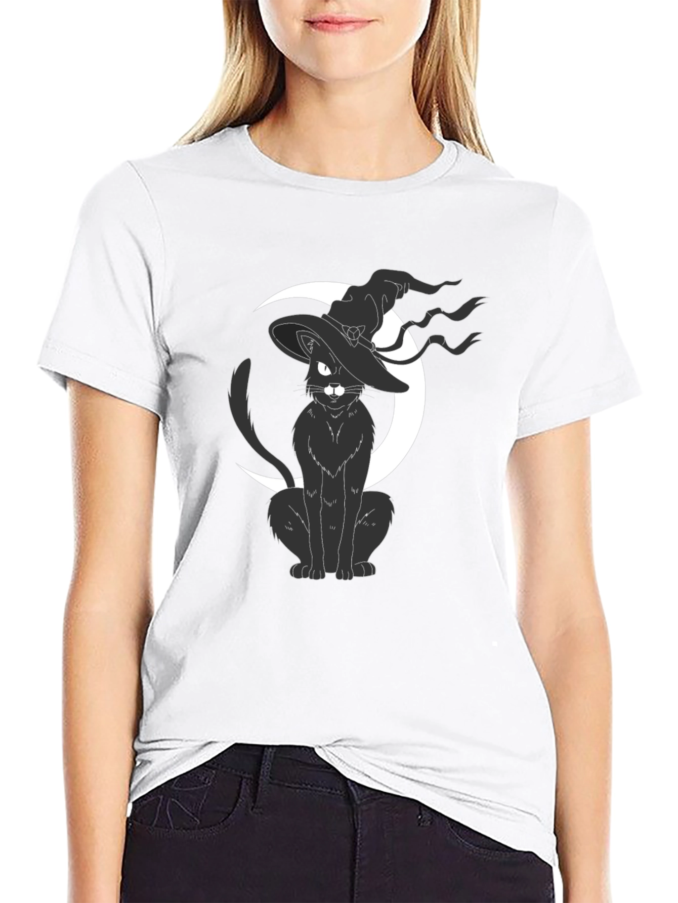 Witch Cat on Moon T-Shirt - Halloween Tee