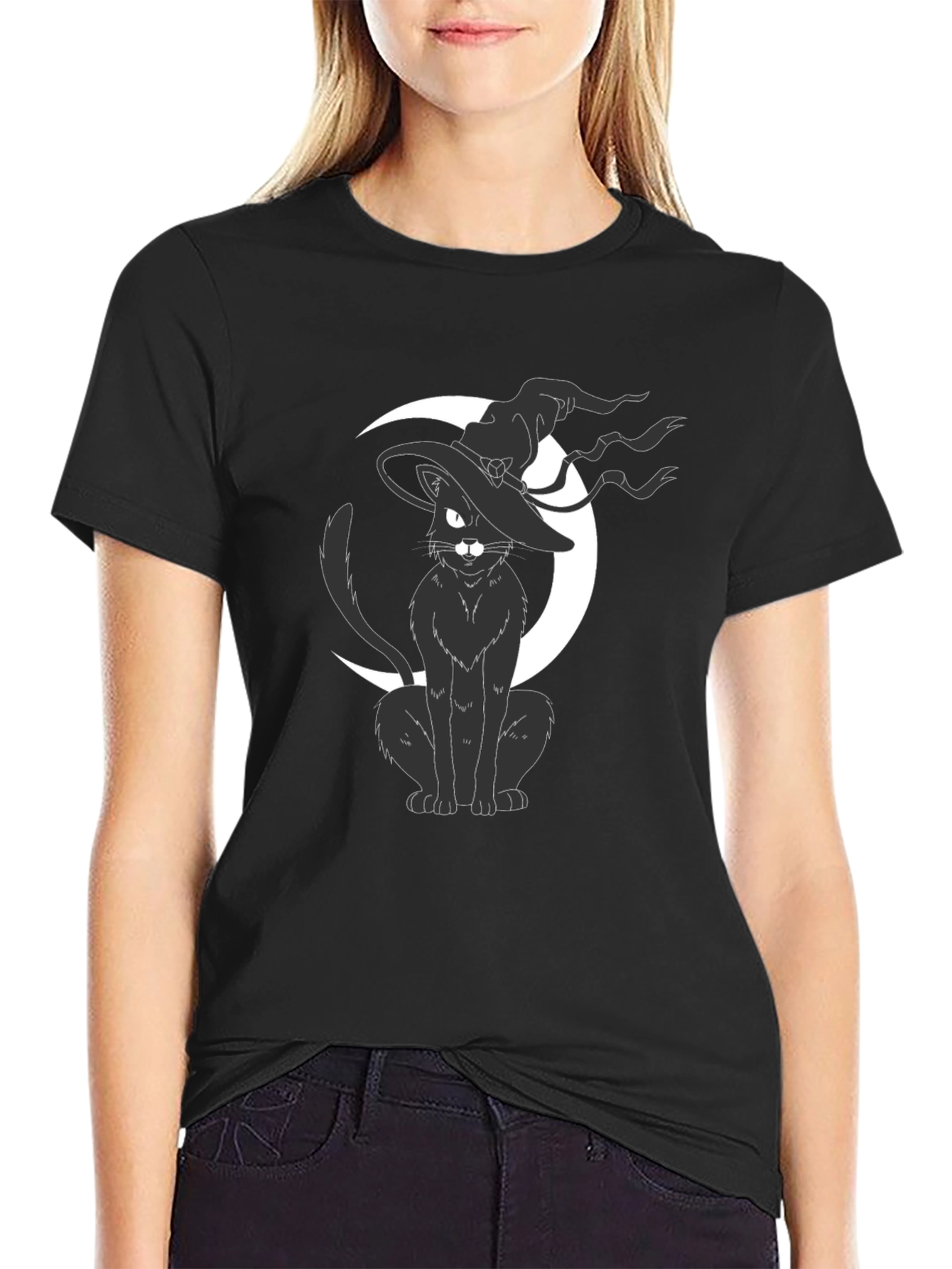 Witch Cat on Moon T-Shirt - Halloween Tee