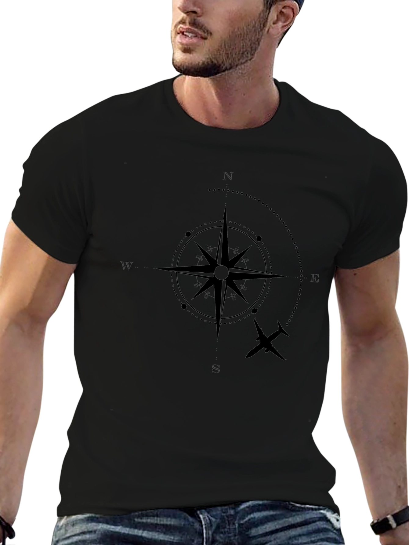 Compass & Plane Graphic Black T-Shirt