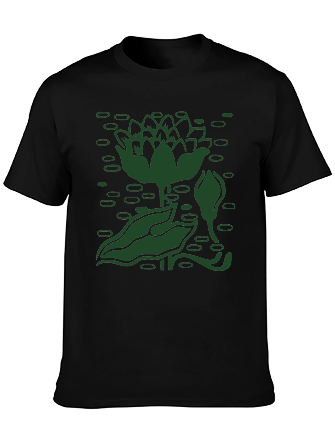 Green Lotus Pond Black T-Shirt