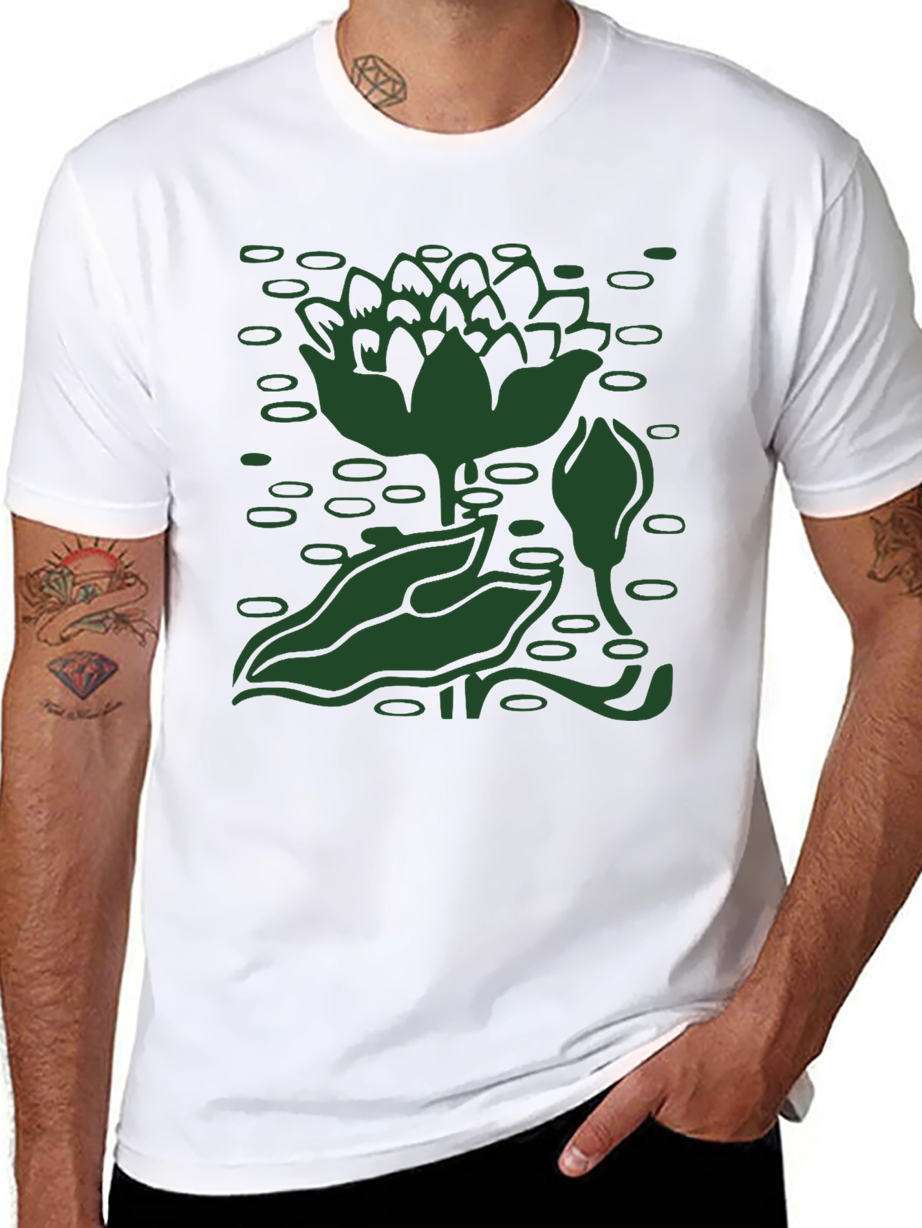 Green Lotus Pond Black T-Shirt