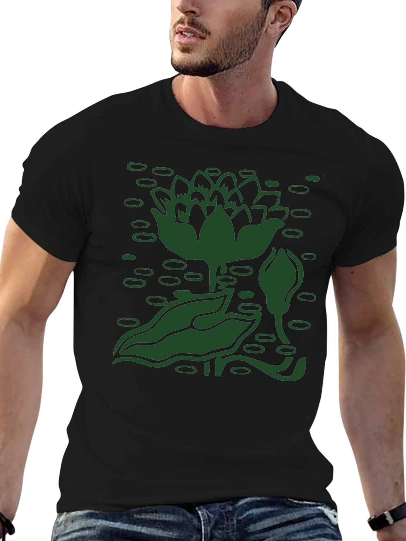 Green Lotus Pond Black T-Shirt