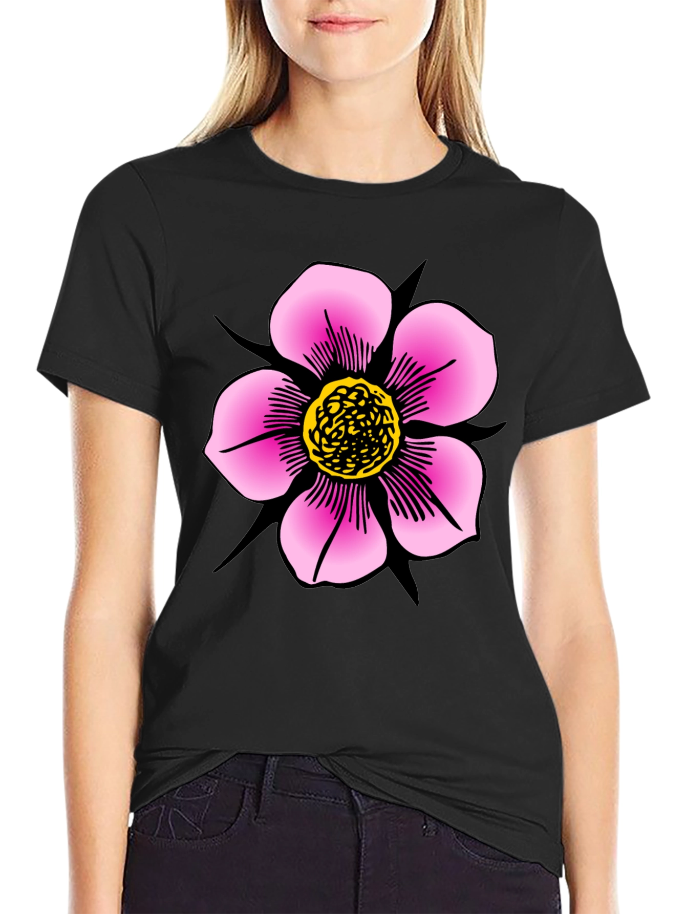 Black T-Shirt with Pink Flower Graphic