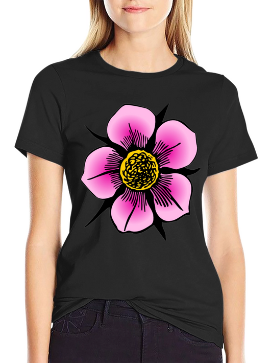 Black T-Shirt with Pink Flower Graphic