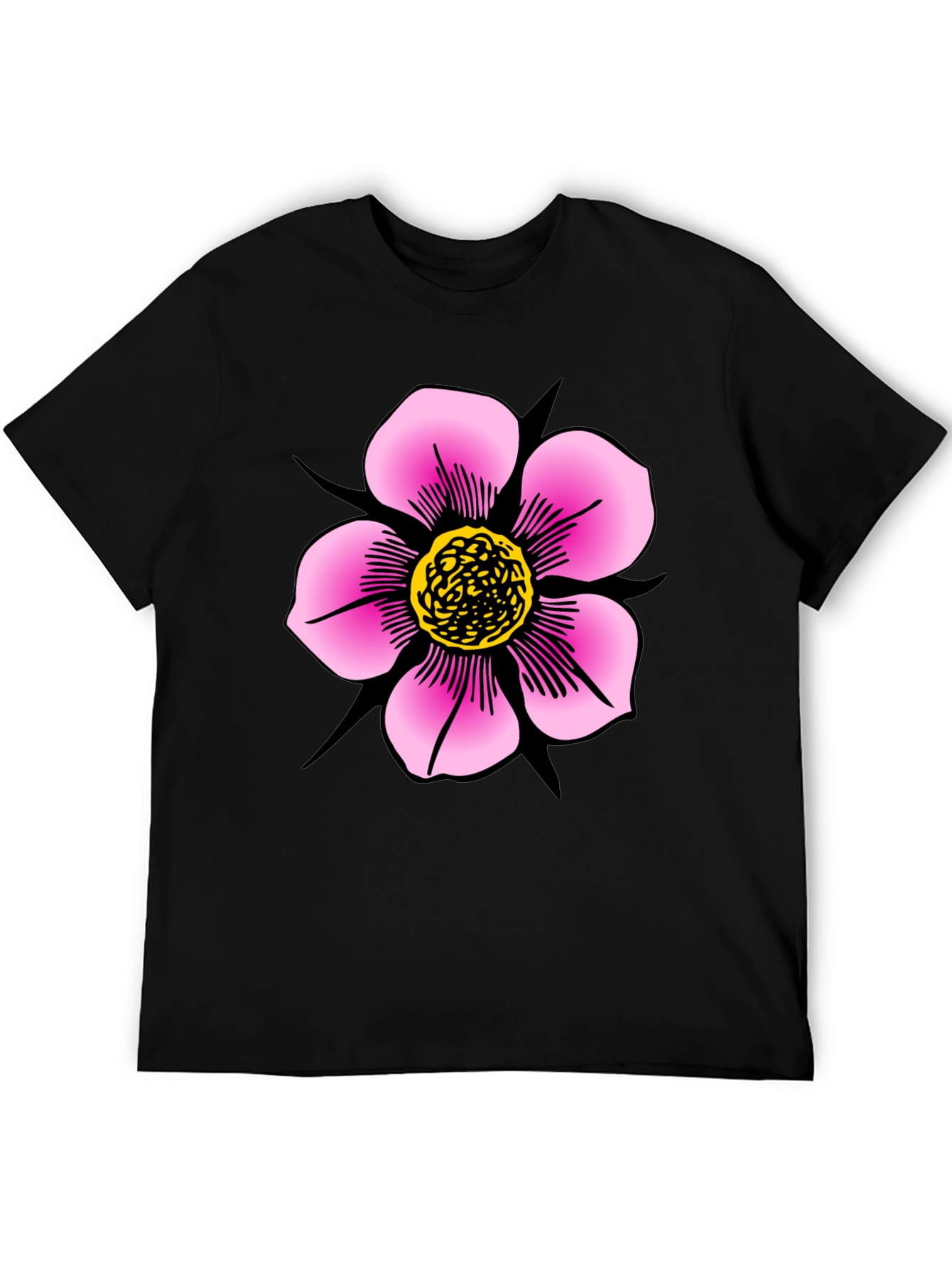 Black T-Shirt with Pink Flower Graphic