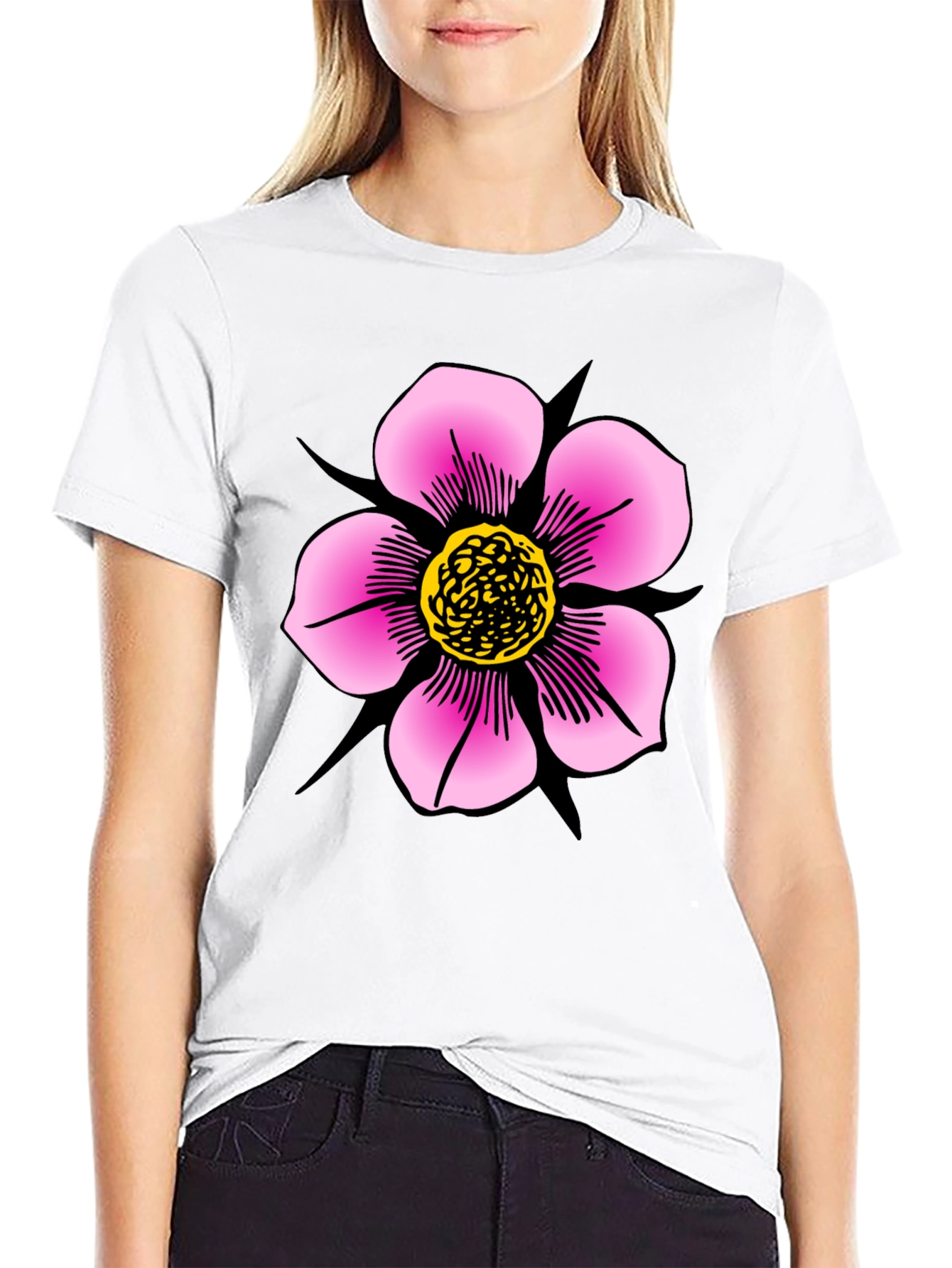 Black T-Shirt with Pink Flower Graphic