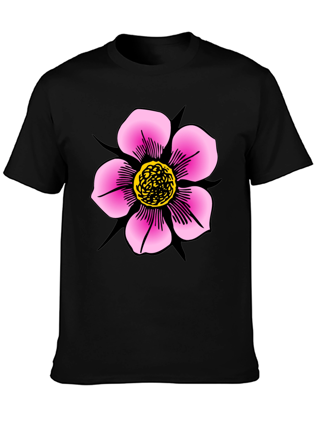 Black T-Shirt with Pink Flower Graphic