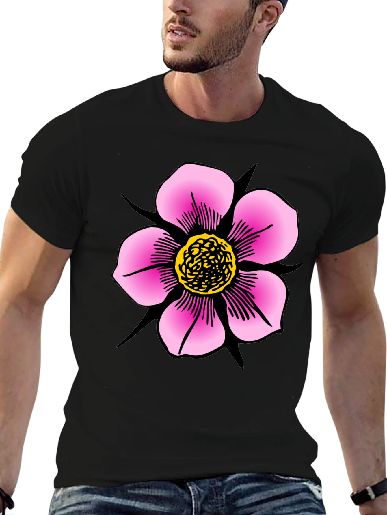 Black T-Shirt with Pink Flower Graphic