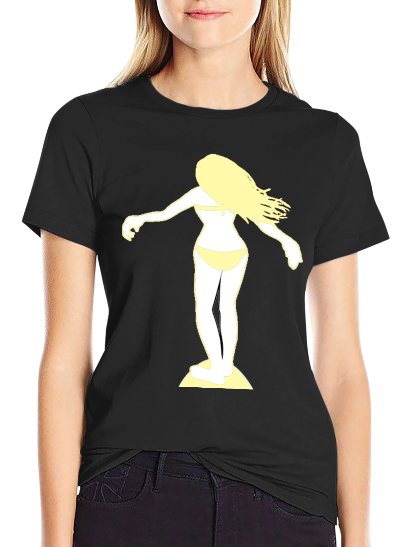 Surfer Girl Graphic Tee - Black Cotton T-Shirt