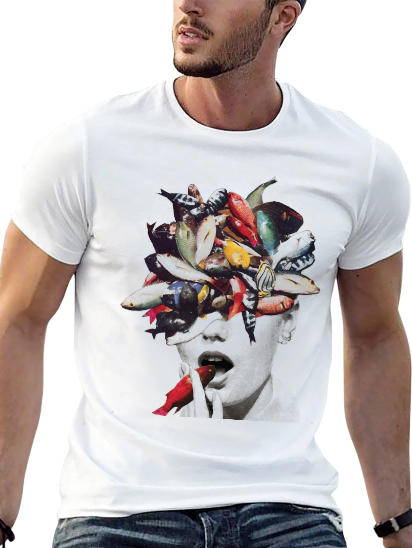 Surreal Fish Head Graphic T-Shirt - Unique Art Tee