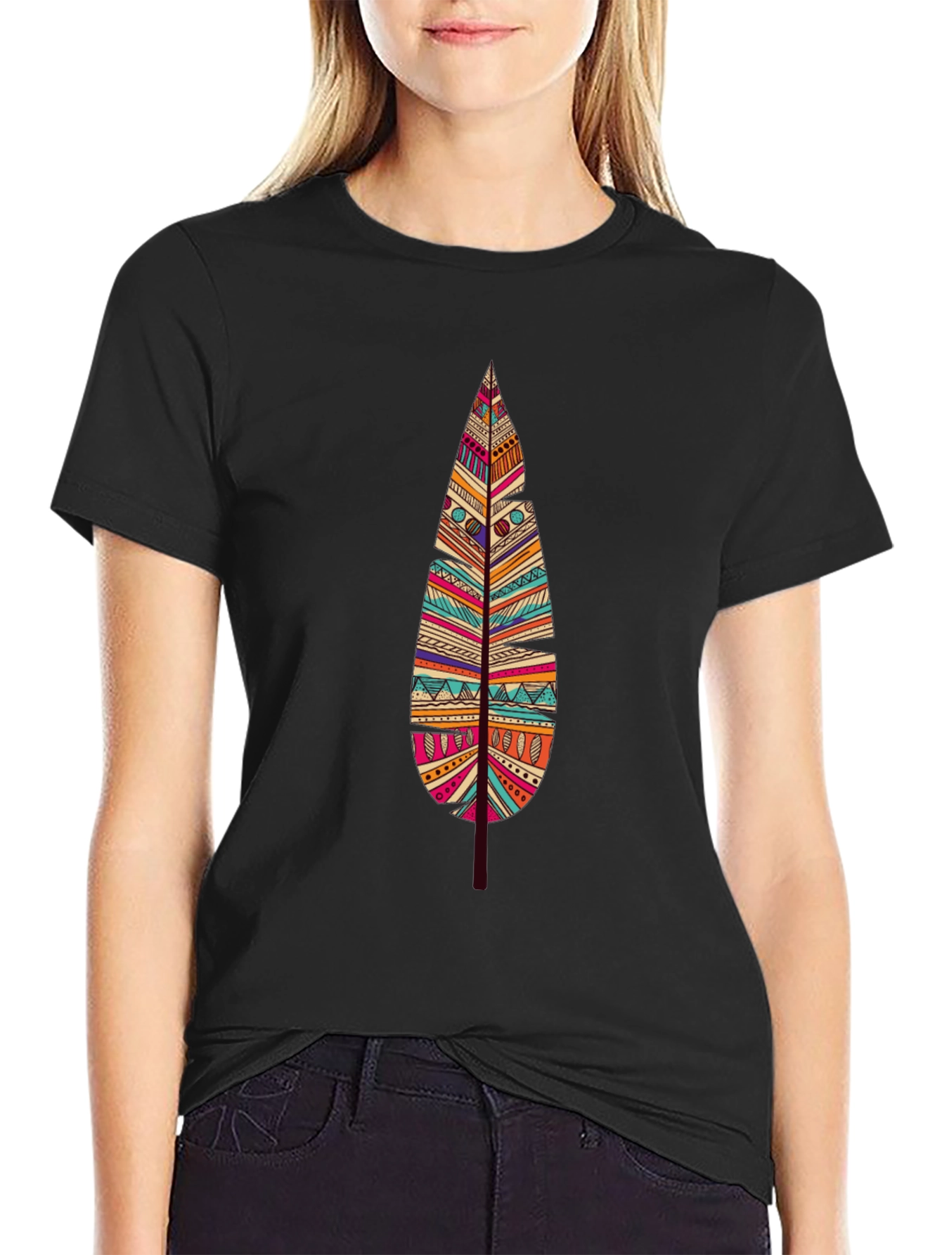 Feather Graphic Print Black T-Shirt