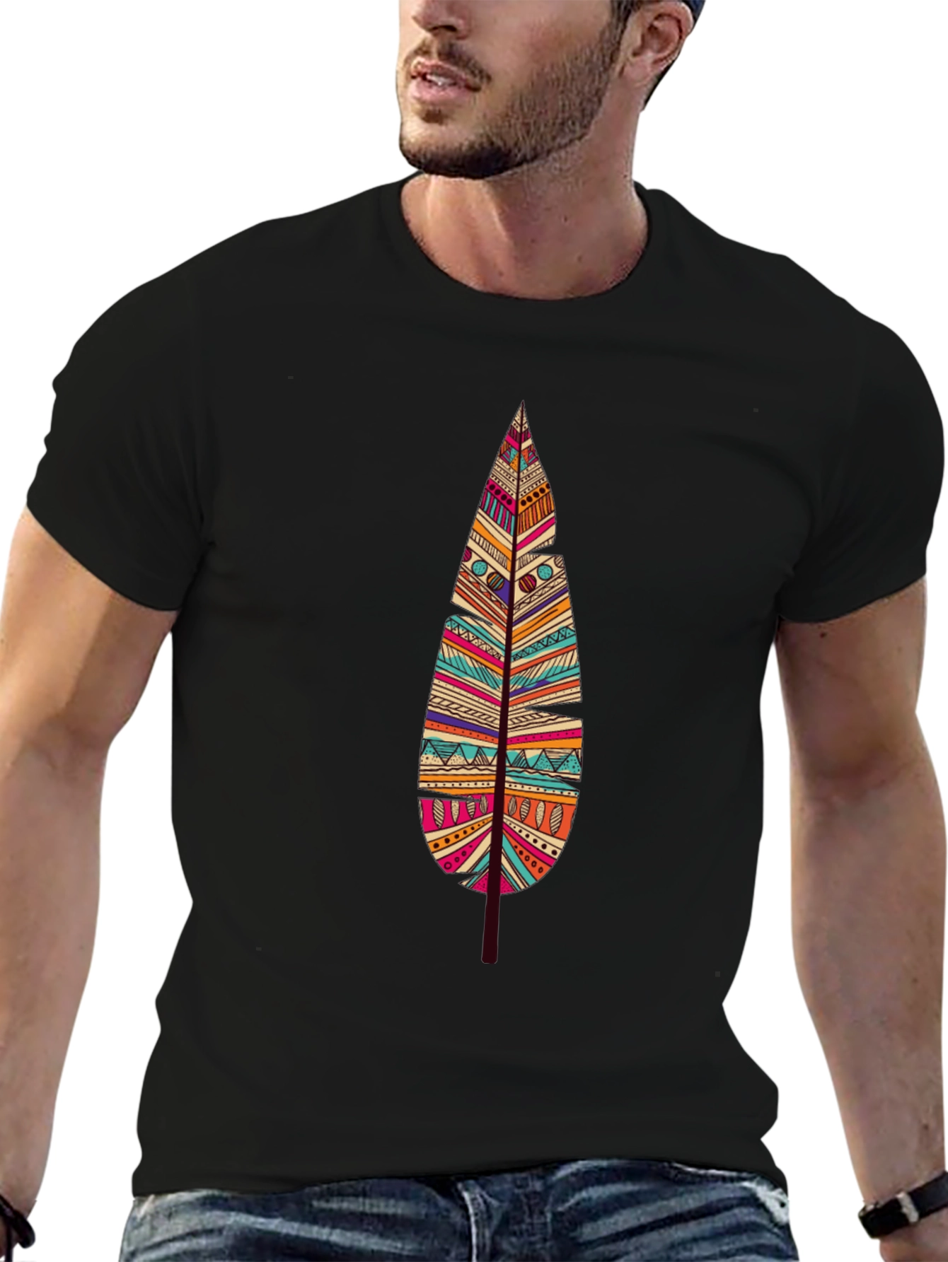 Feather Graphic Print Black T-Shirt