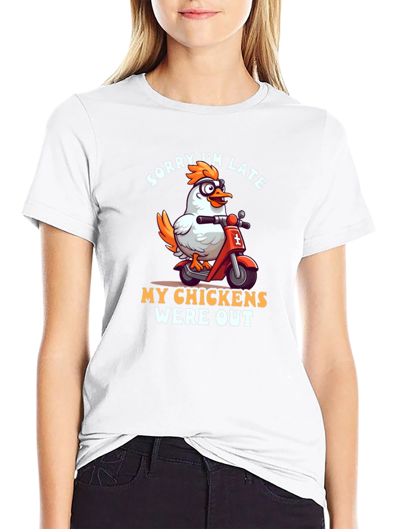 Funny Chicken Scooter T-Shirt - Sorry Im Late