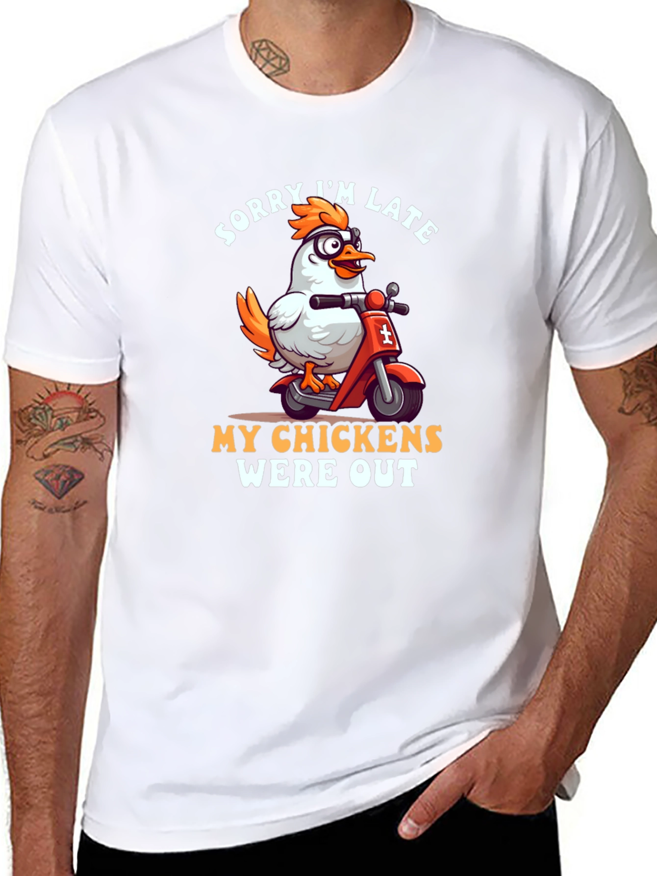 Funny Chicken Scooter T-Shirt - Sorry Im Late