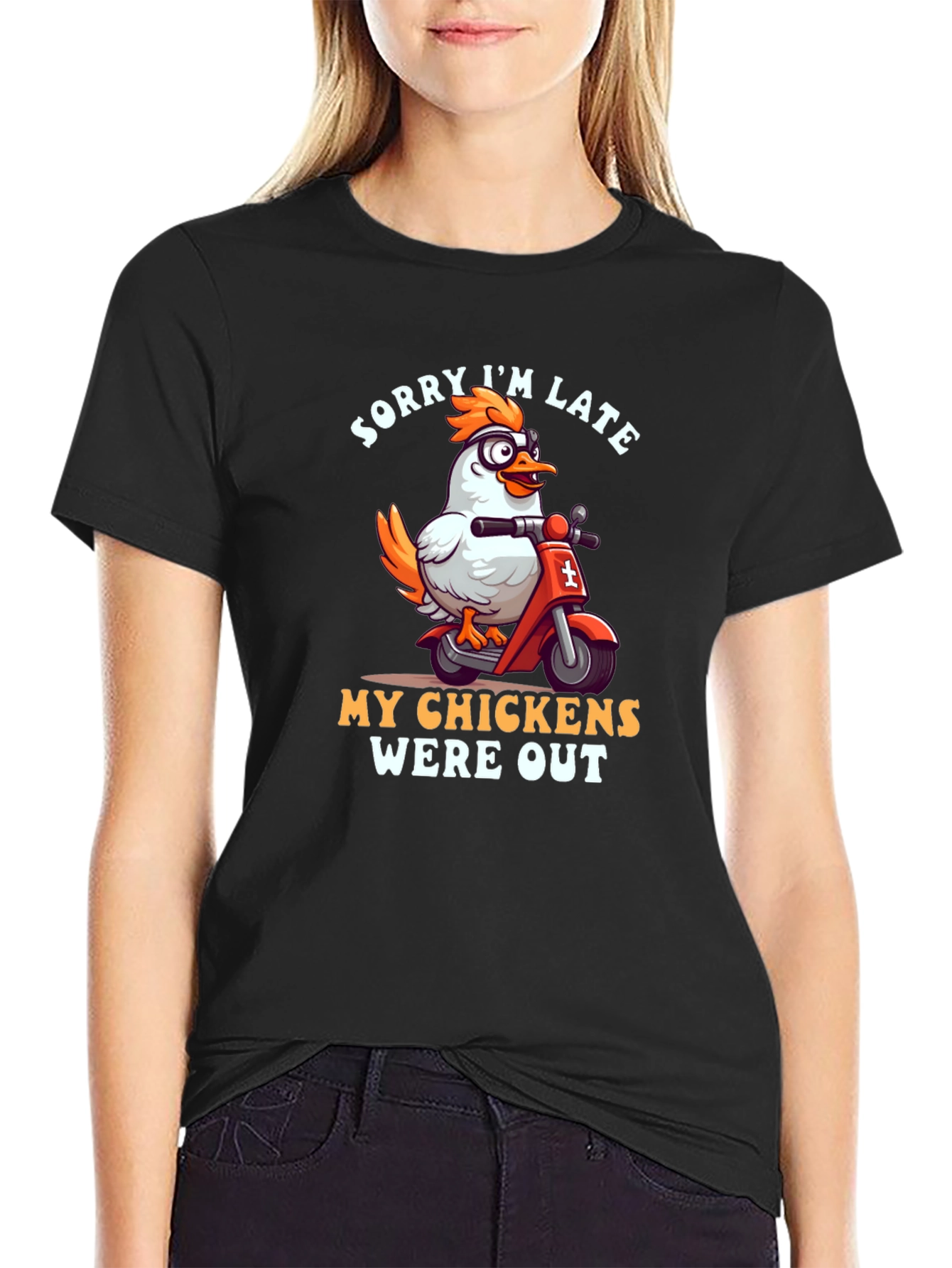 Funny Chicken Scooter T-Shirt - Sorry Im Late