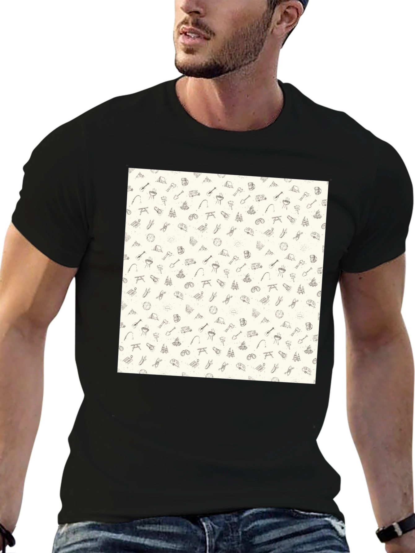 Camping Pattern Black Crew Neck T-Shirt