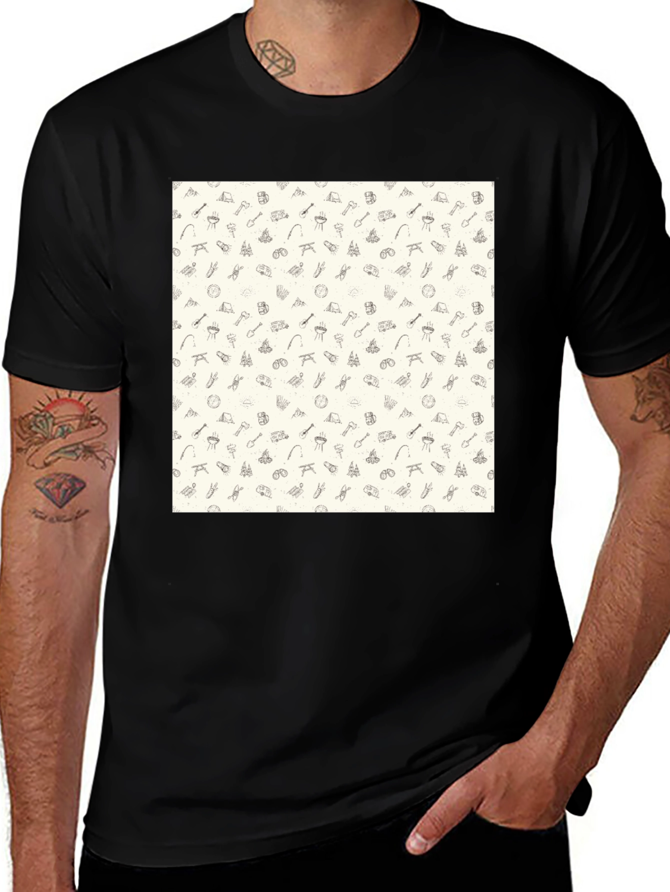 Camping Pattern Black Crew Neck T-Shirt
