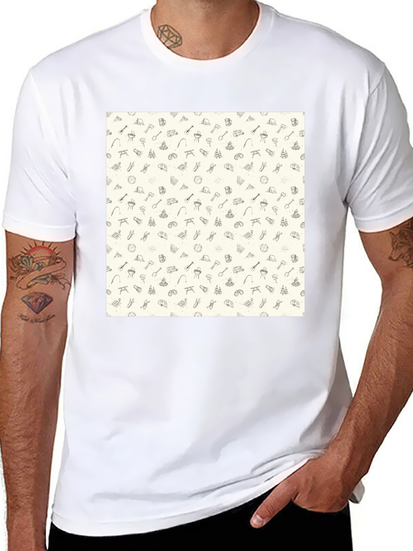 Camping Pattern Black Crew Neck T-Shirt