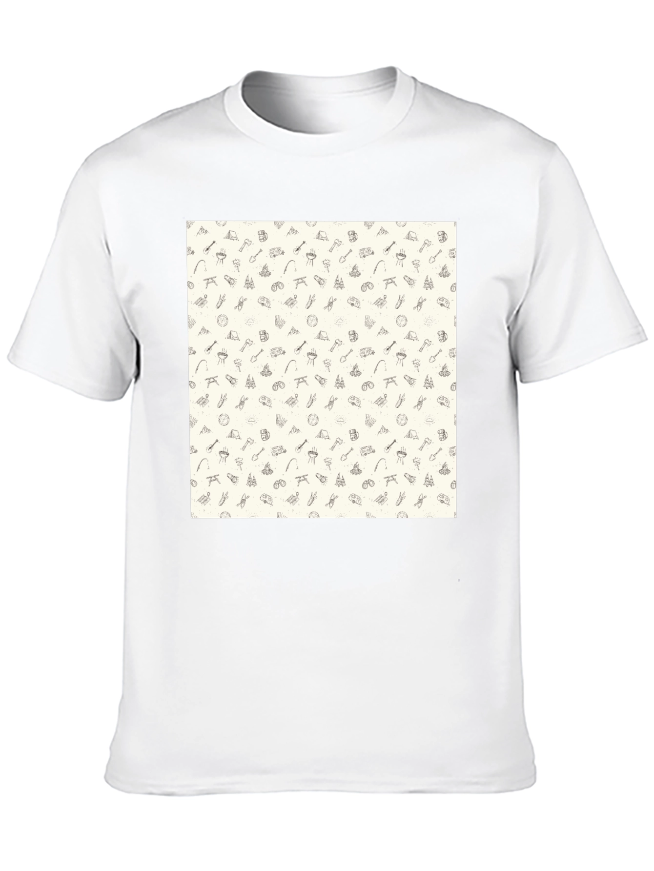 Camping Pattern Black Crew Neck T-Shirt