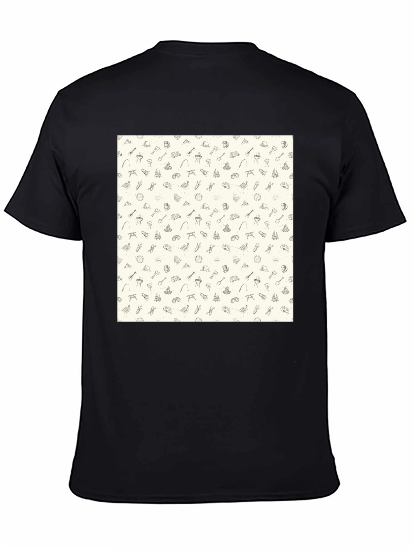 Camping Pattern Black Crew Neck T-Shirt