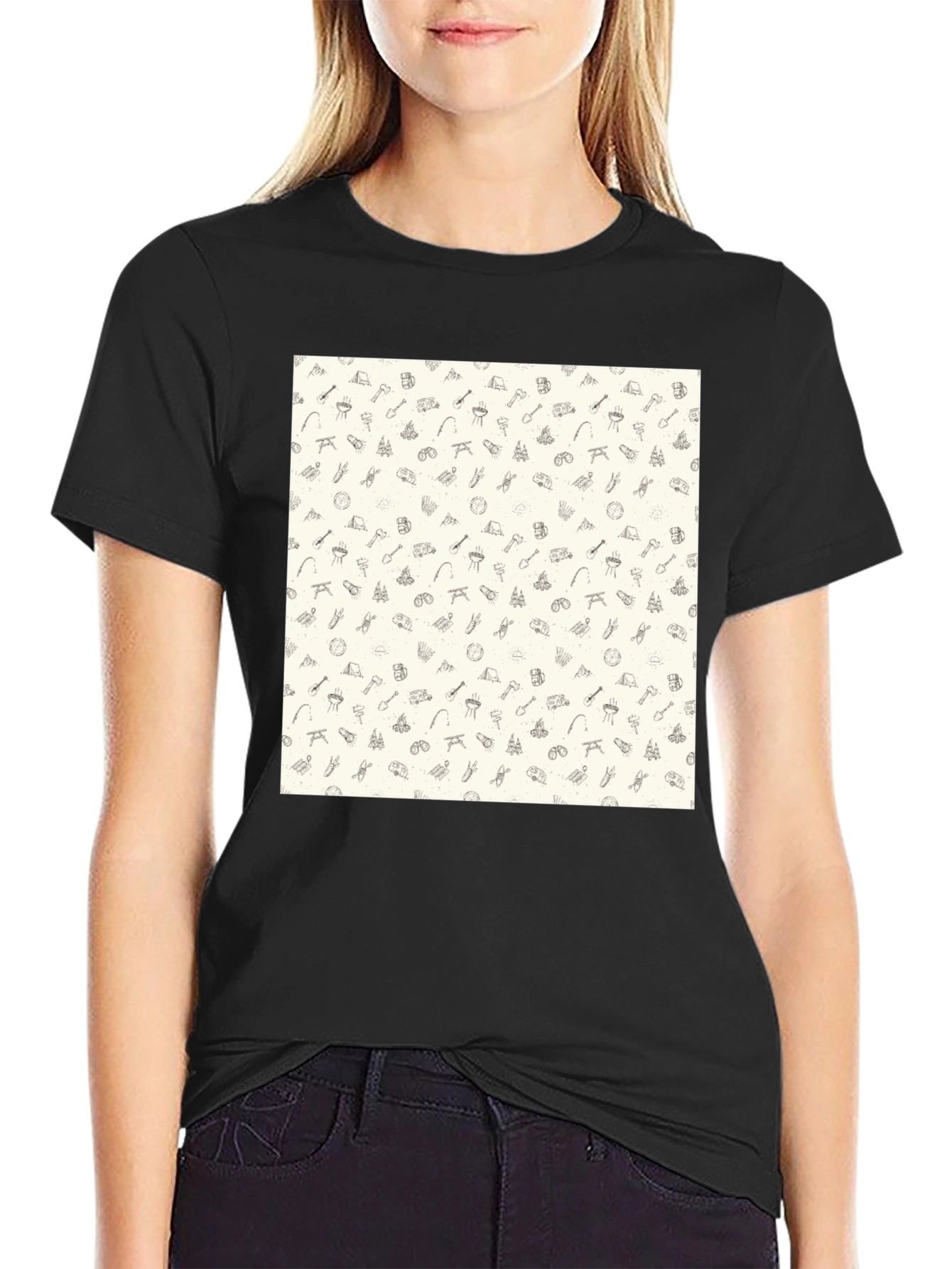 Camping Pattern Black Crew Neck T-Shirt