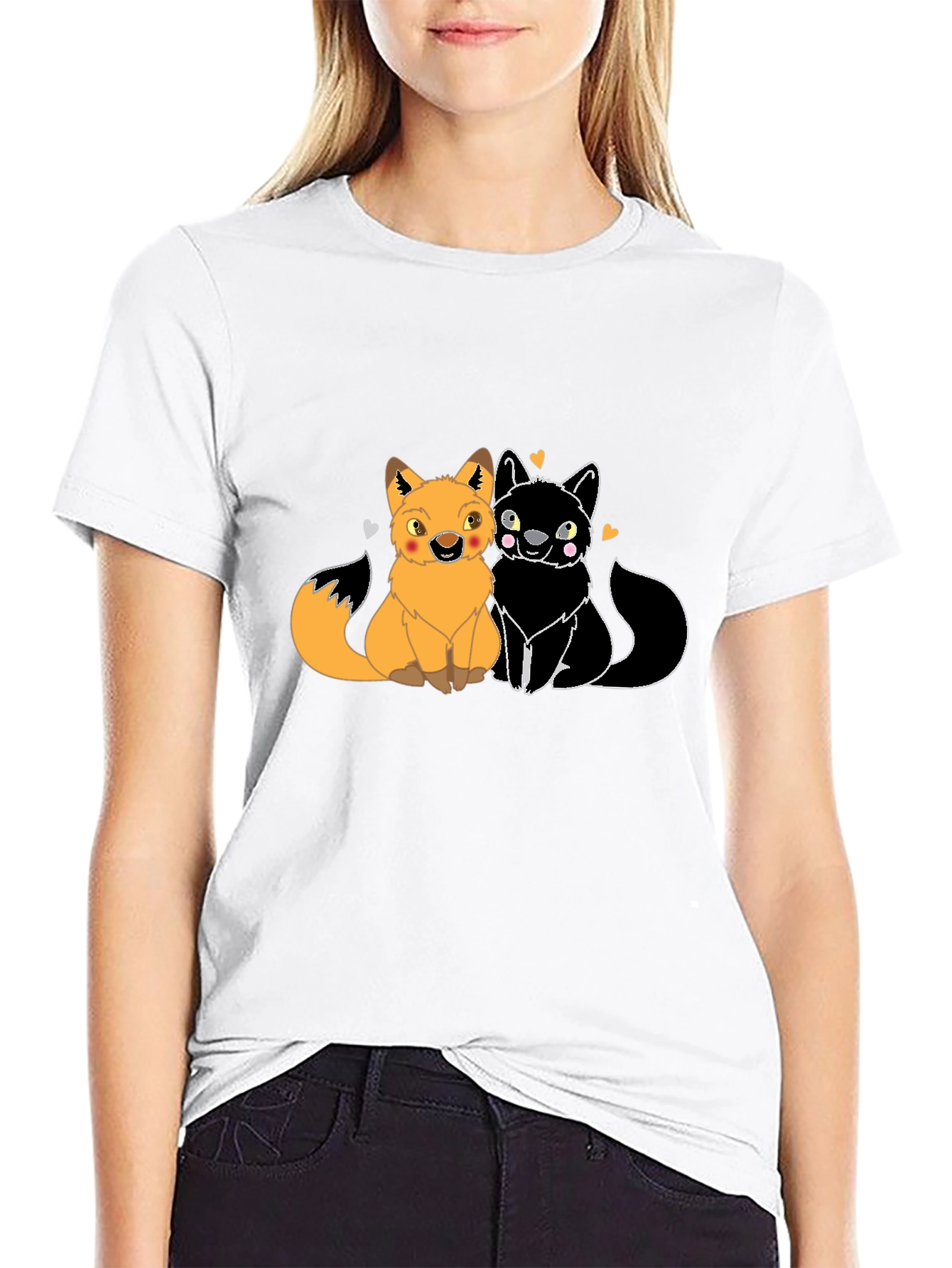 Cute Foxes in Love Graphic T-Shirt - Black