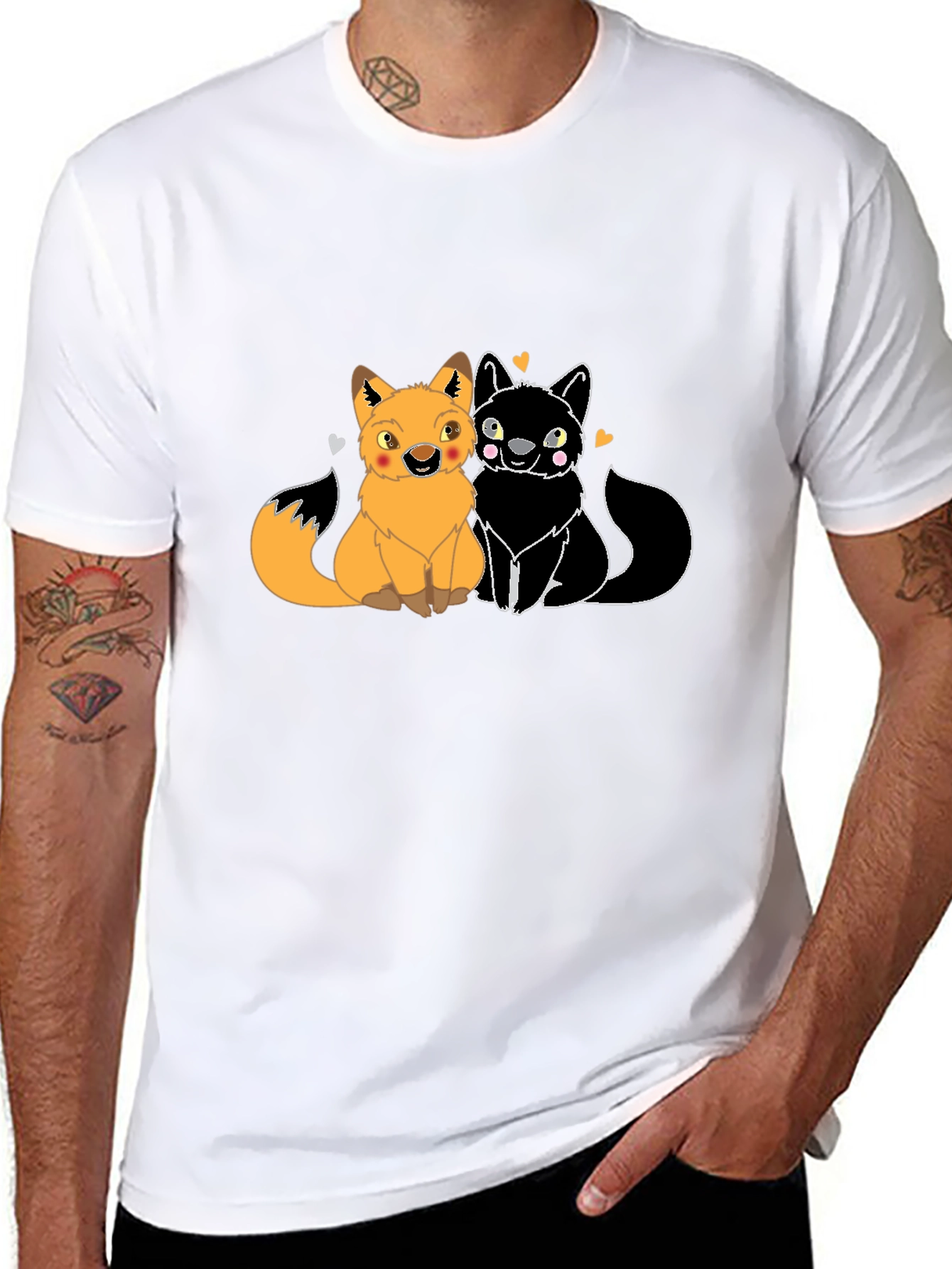 Cute Foxes in Love Graphic T-Shirt - Black