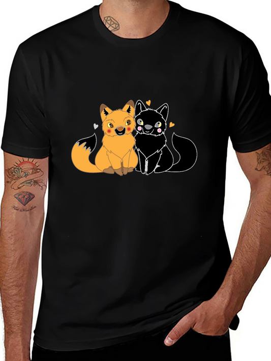 Cute Foxes in Love Graphic T-Shirt - Black