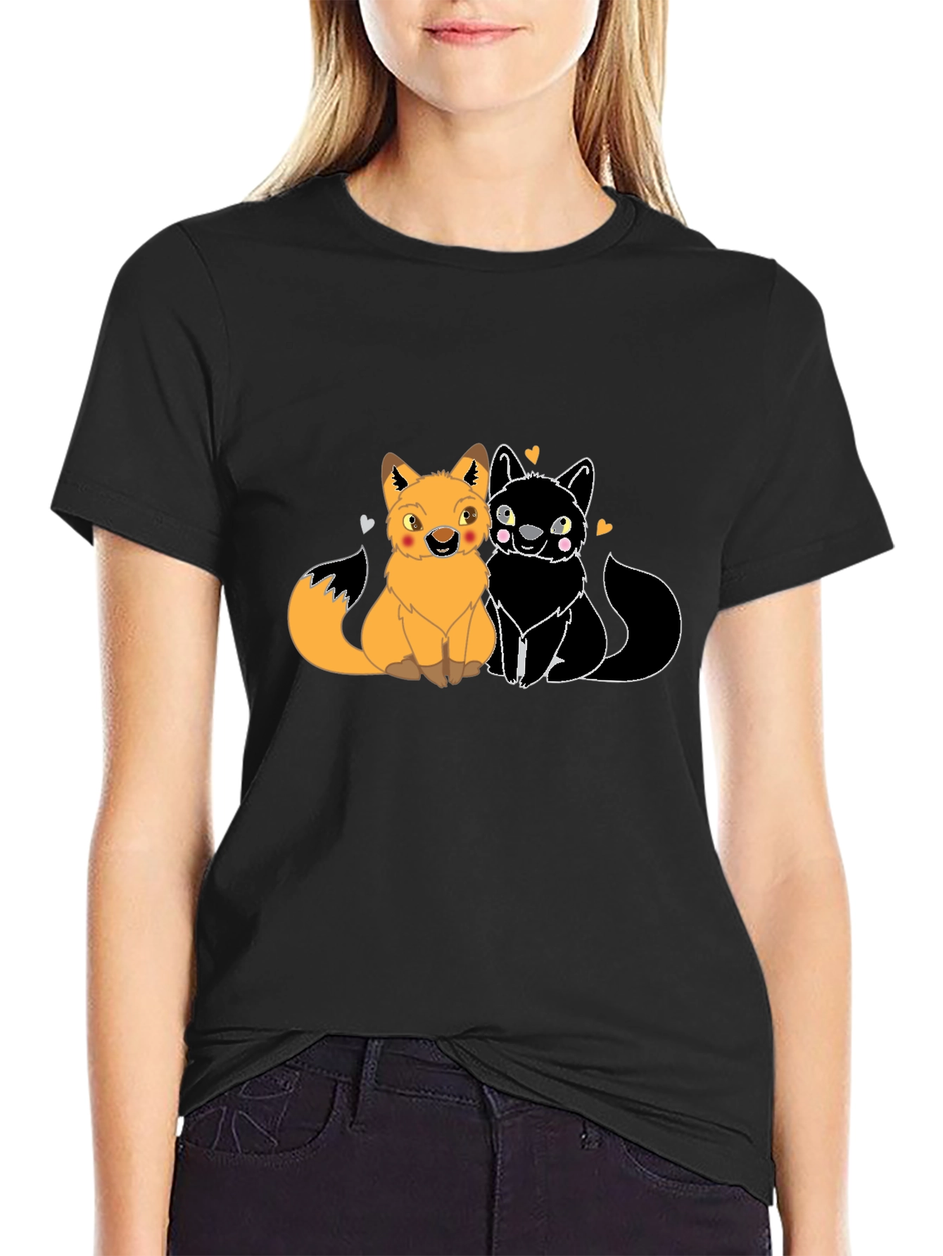 Cute Foxes in Love Graphic T-Shirt - Black