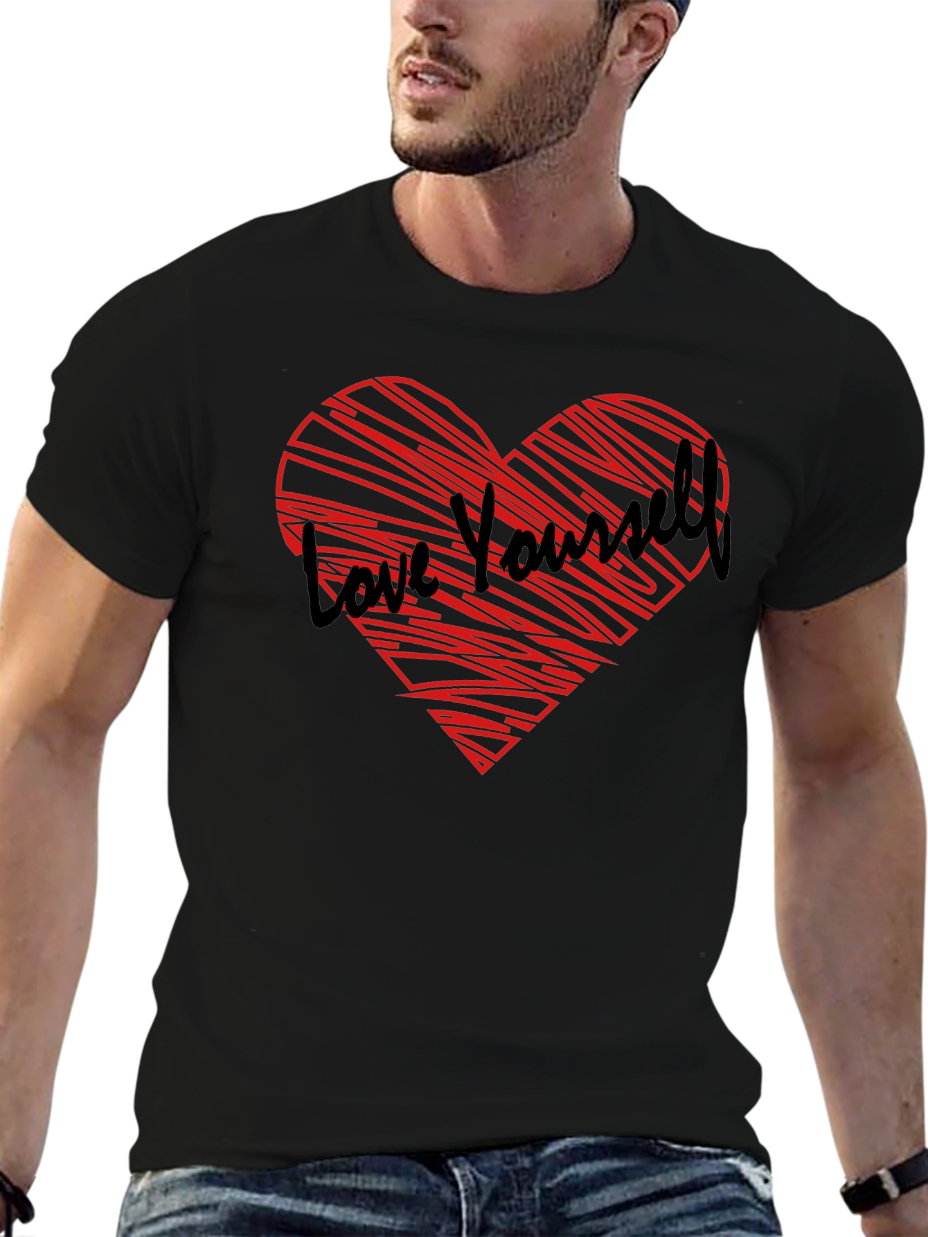 Love Yourself Heart Graphic Tee - Black Cotton Shirt