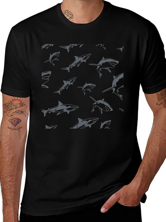 Shark Pattern Graphic Print Black T-Shirt