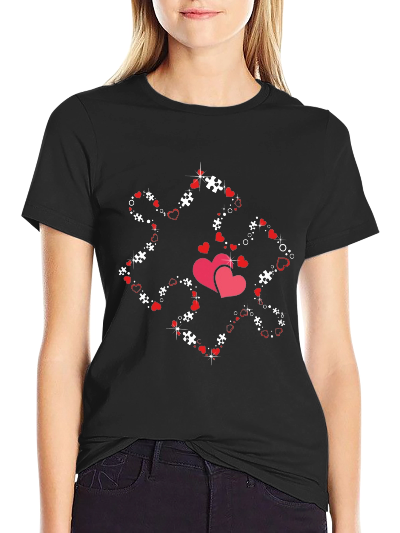 Heart Puzzle Piece Graphic Tee - Black