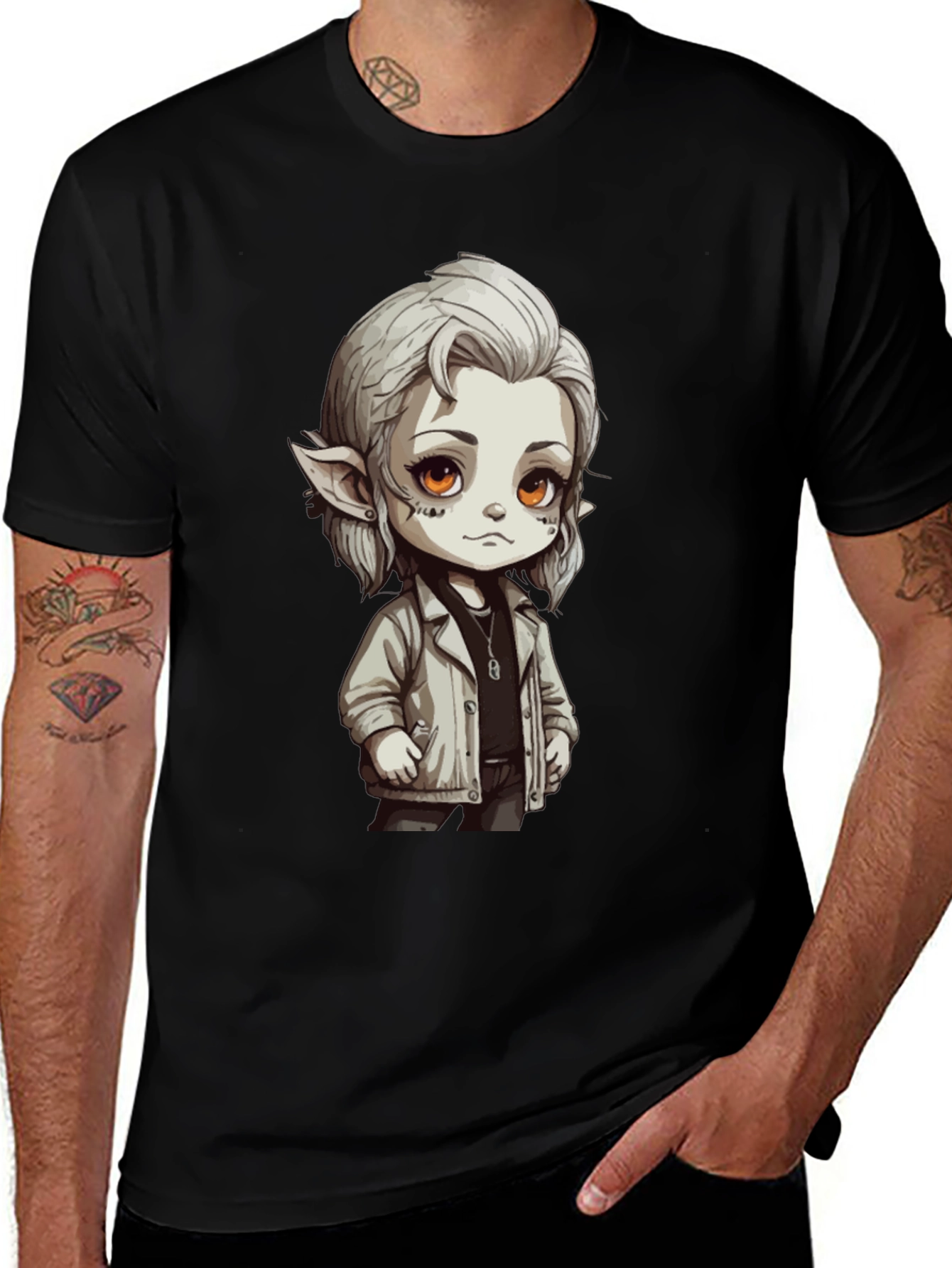 Anime Elf Graphic Black T-Shirt