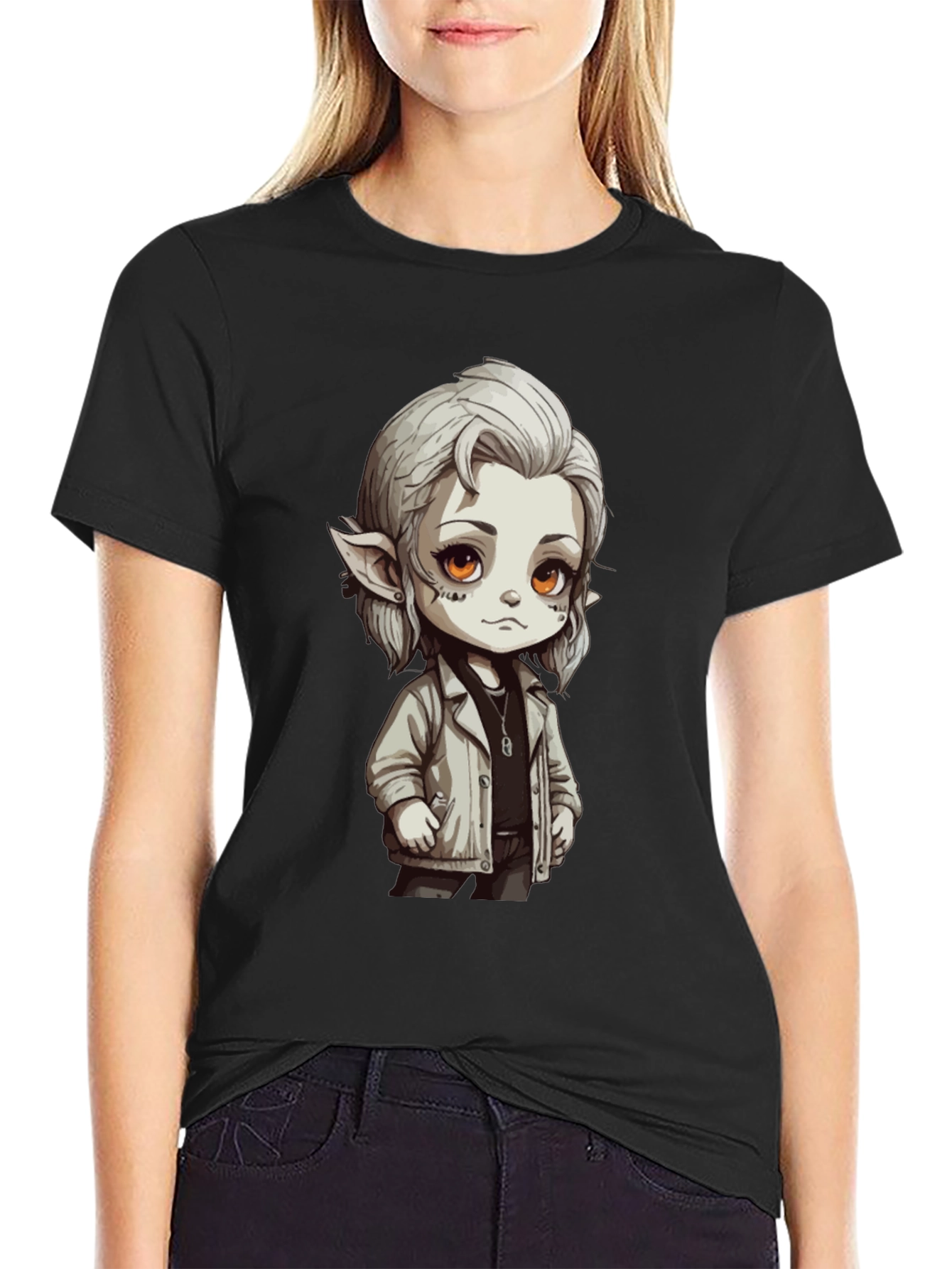Anime Elf Graphic Black T-Shirt