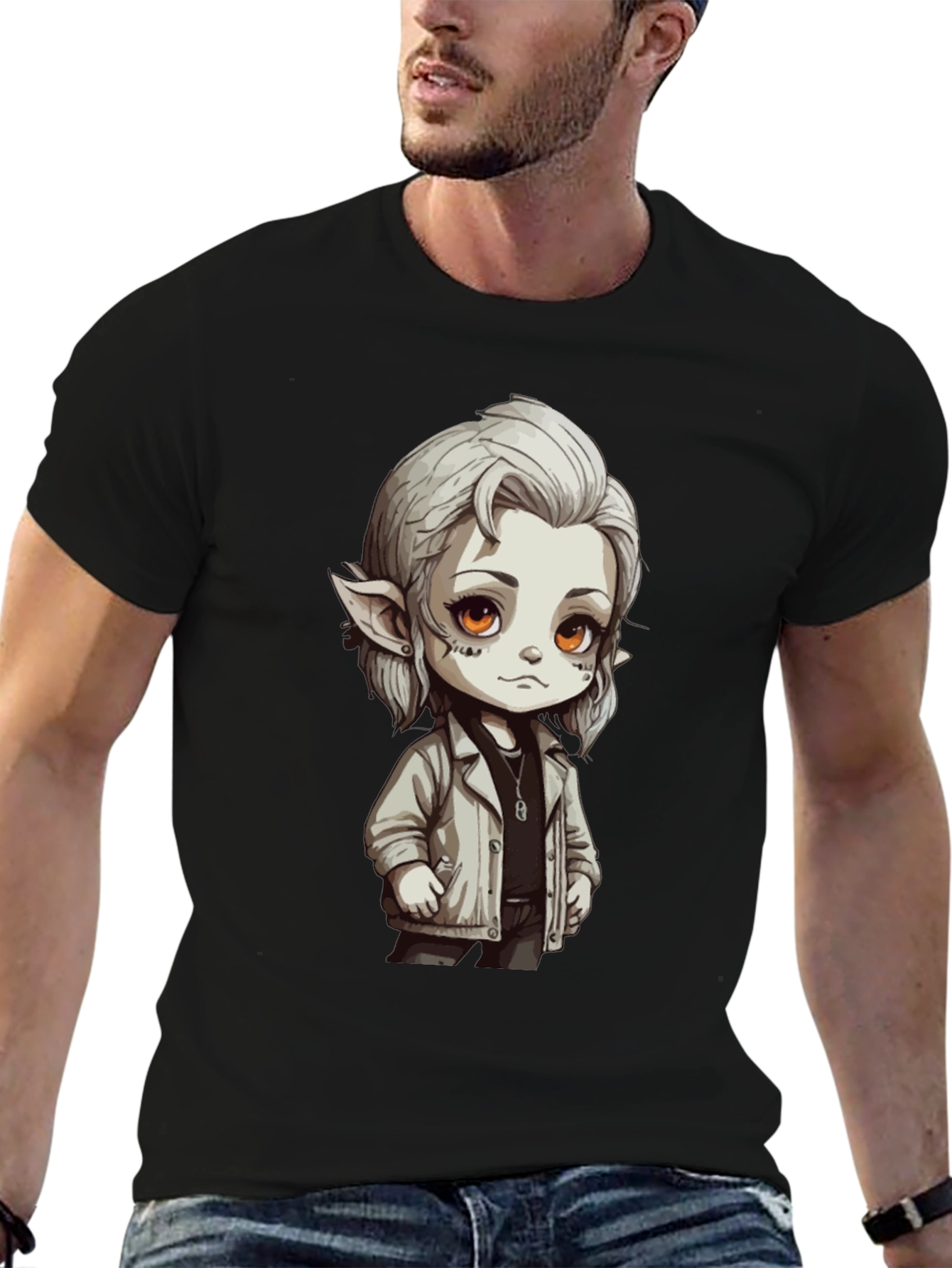 Anime Elf Graphic Black T-Shirt