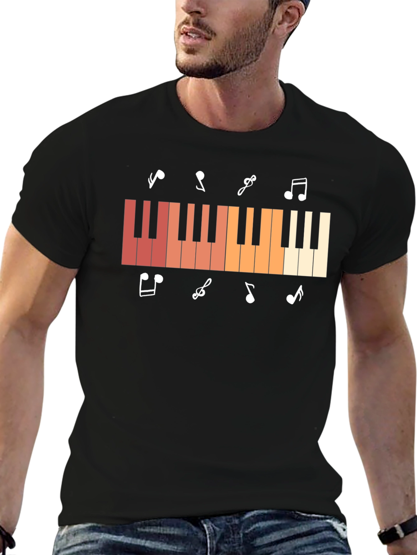 Piano Keys & Music Notes Graphic Black T-Shirt