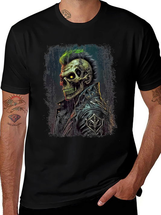 Punk Skull Graphic Tee - Leather Jacket Skeleton Shirt