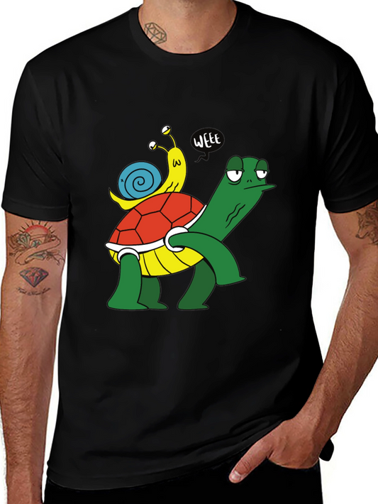 Funny Turtle and Snail Cartoon Black T-Shirt