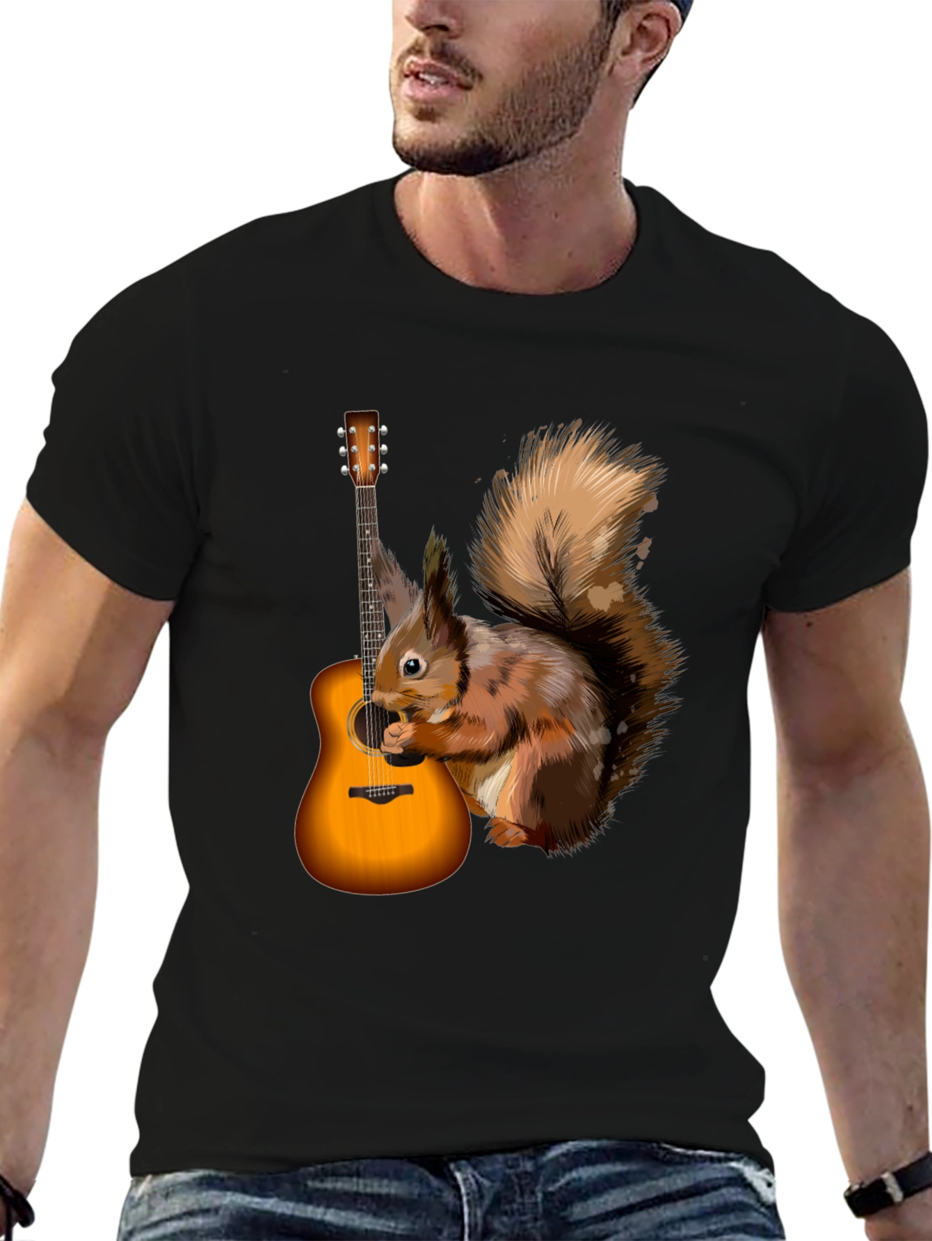 Squirrel Guitarist Graphic Tee - Black Cotton Comfort
