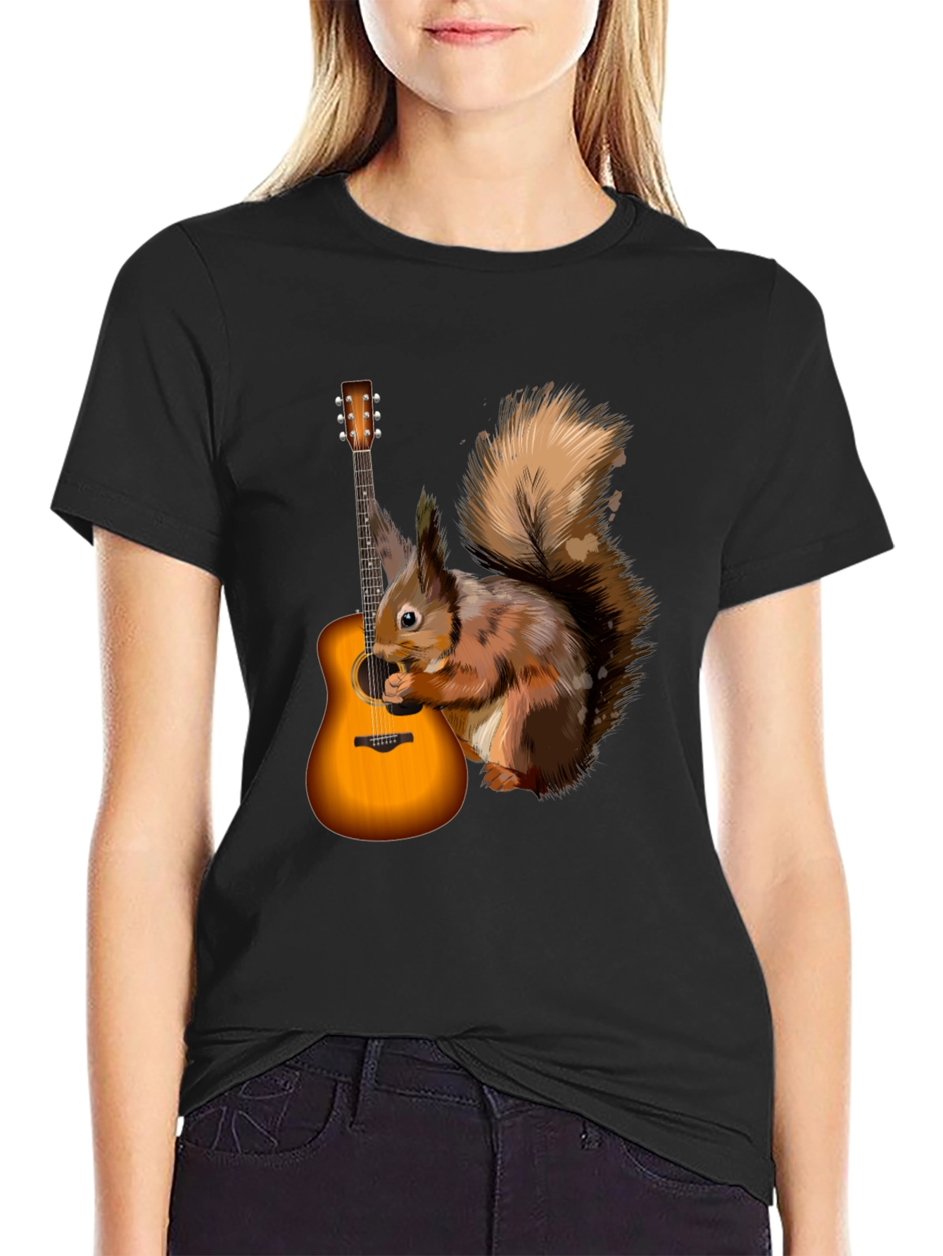 Squirrel Guitarist Graphic Tee - Black Cotton Comfort
