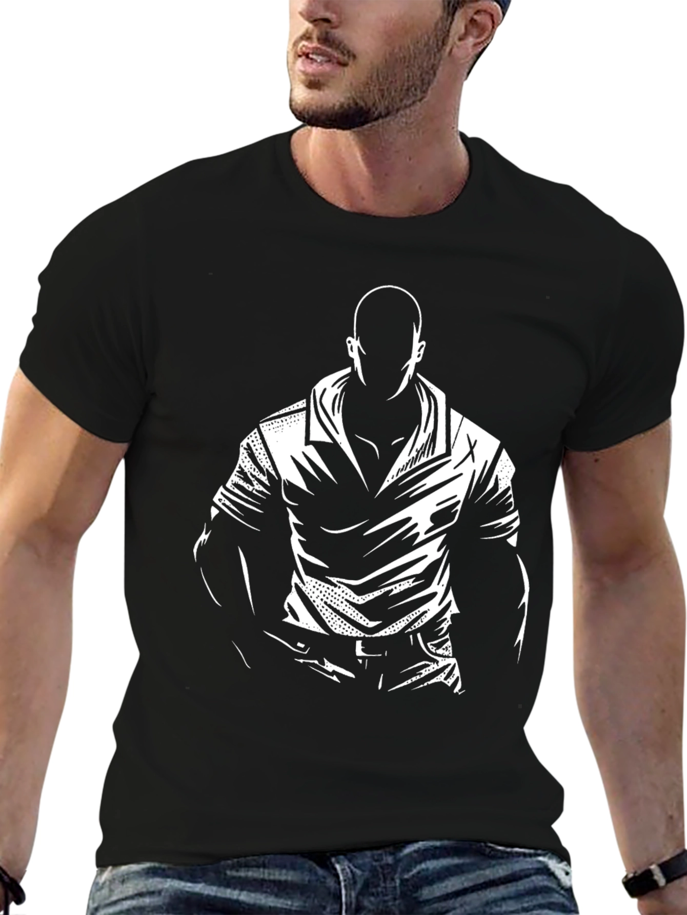 Graphic Print Black T-Shirt - Mysterious Man Design