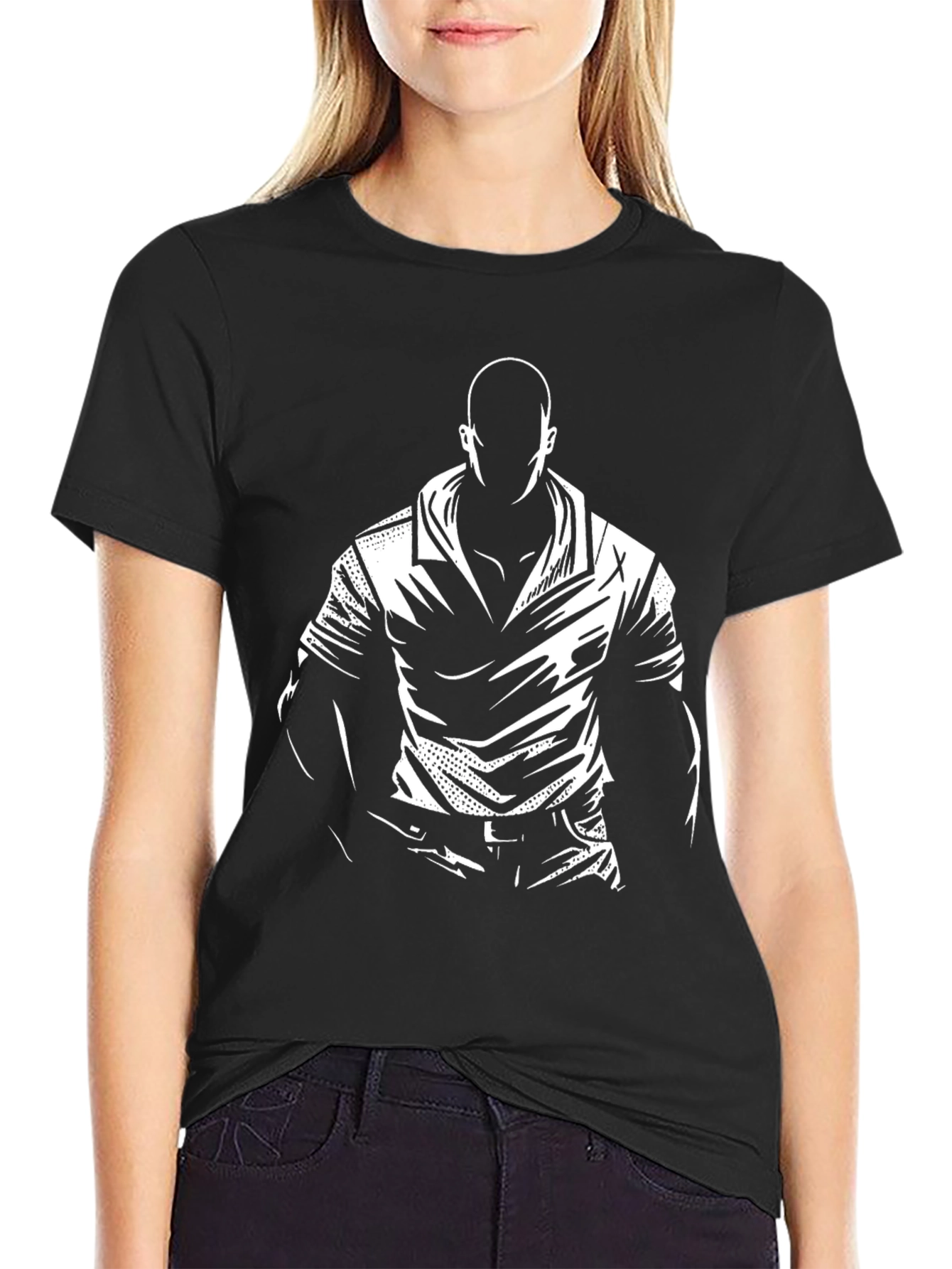 Graphic Print Black T-Shirt - Mysterious Man Design