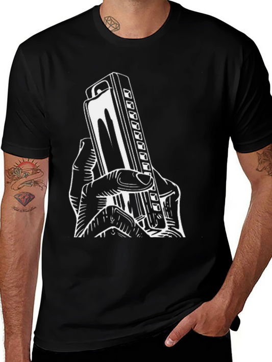 Harmonica Player T-Shirt - Black Graphic Tee